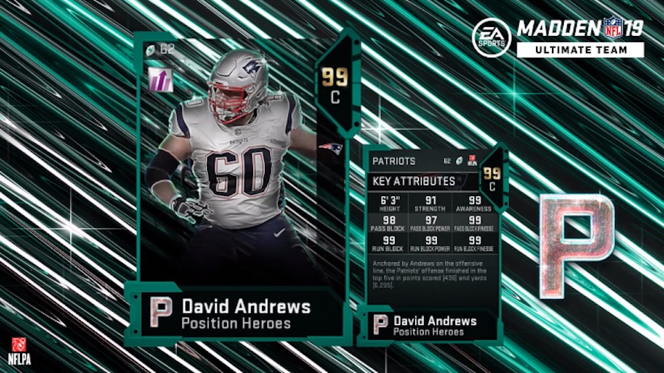 David Andrews Madden 19 position heroes card with attributes