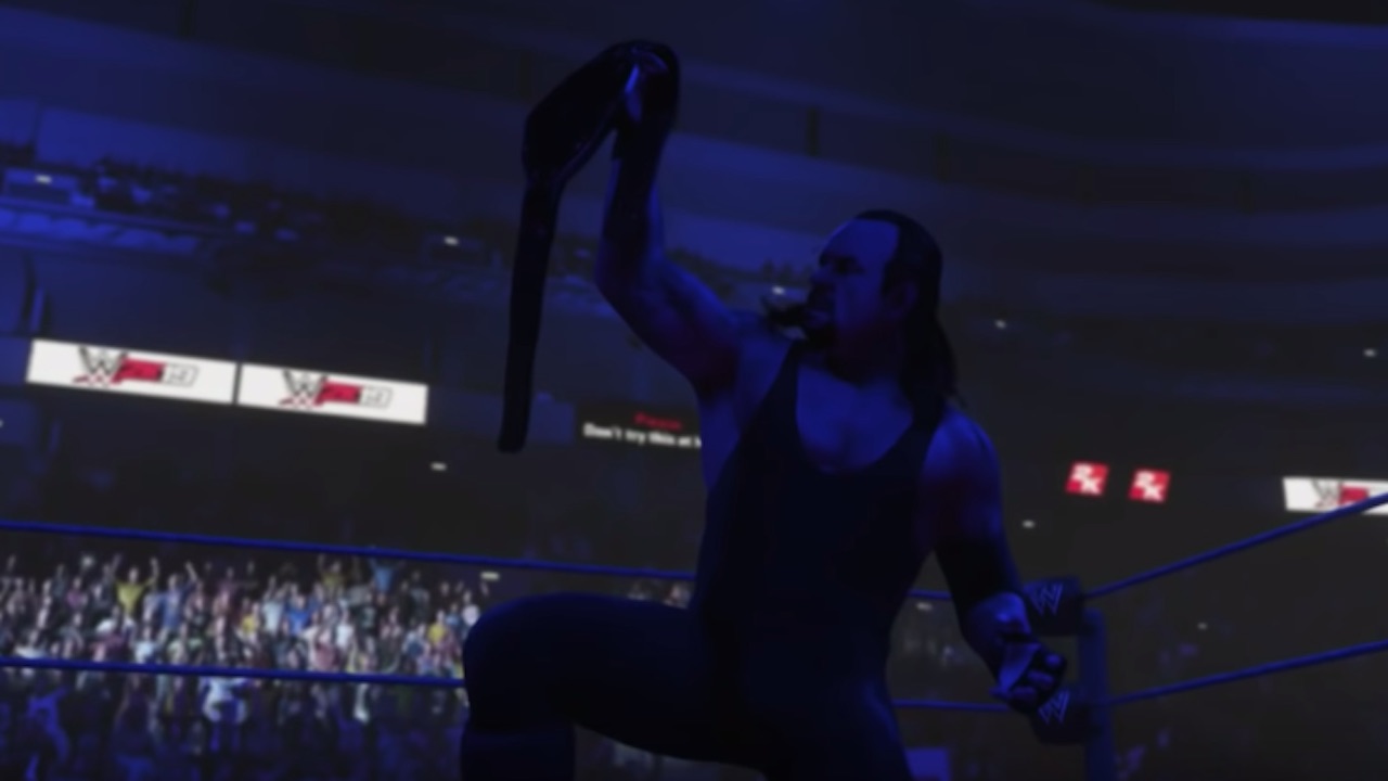 the undertaker poses on one knee with the wwe championship belt in 2k19