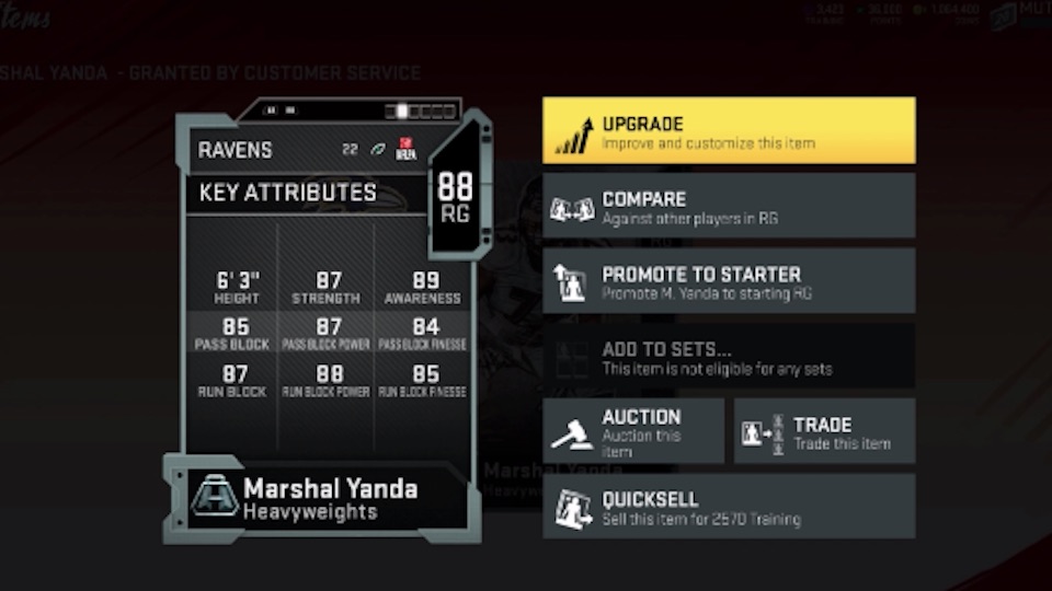 madden 20 heavyweights back of marshal yanda card with attributes