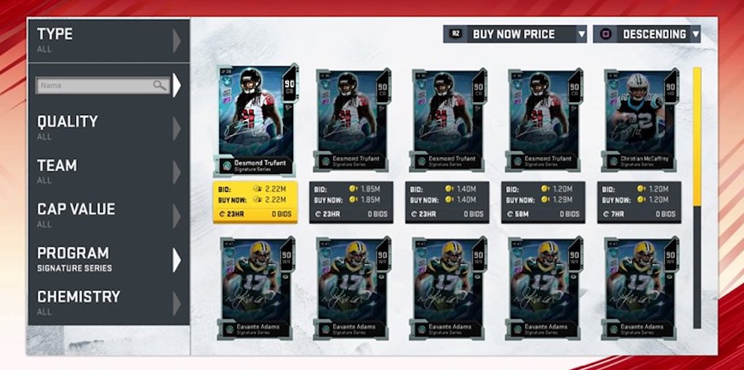 madden 20 auction browser with adams trufant signature series cards