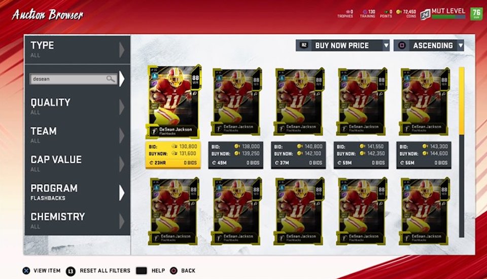 madden 20 auction browser for desean jackson flashbacks card