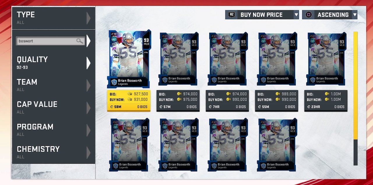 madden 20 ltd brian bosworth legends card auction prices