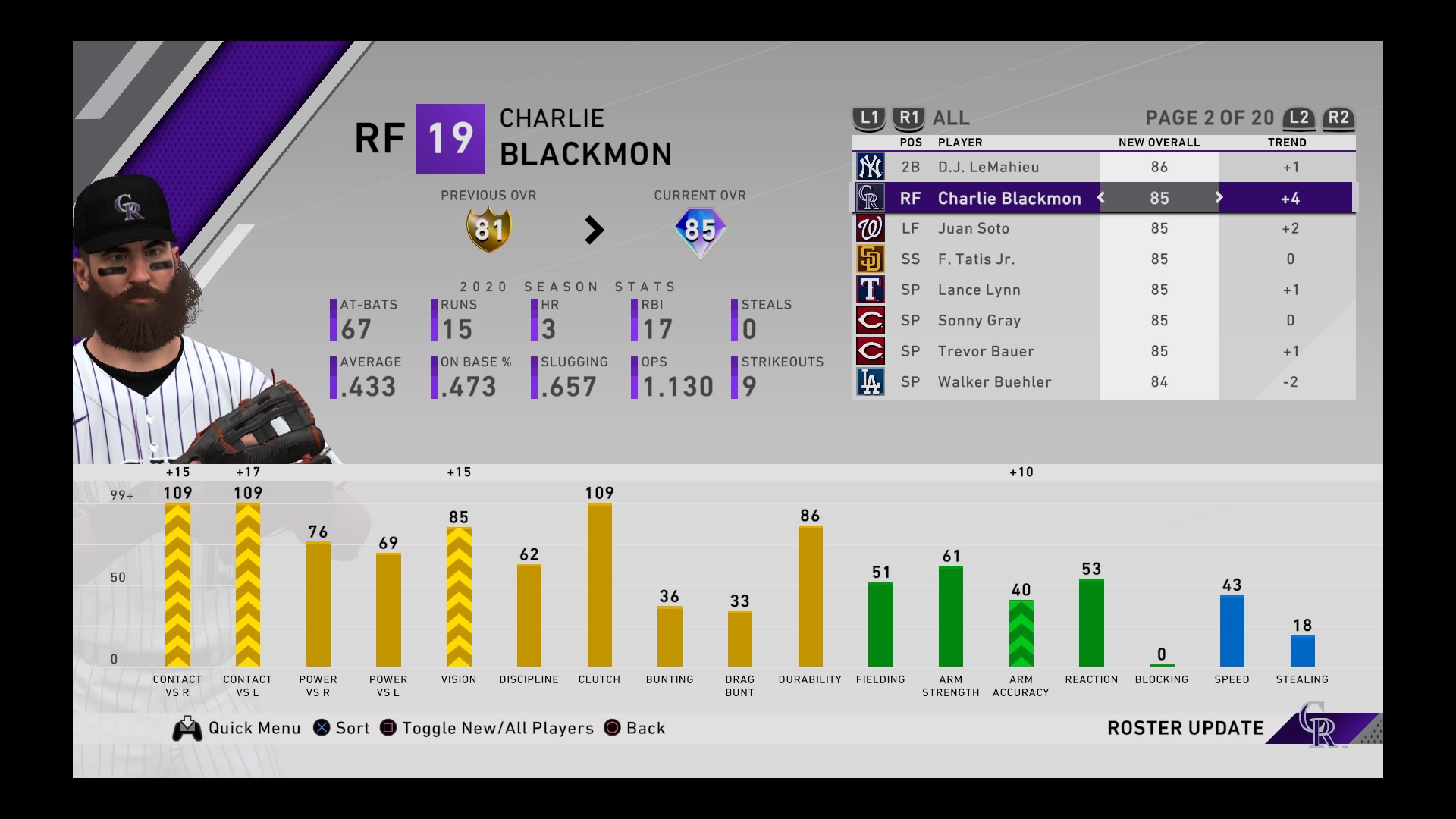 mlb the show 20 diamond dynasty 7th inning roster update charlie blackmon